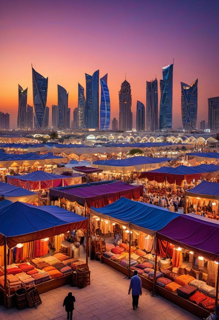 A captivating landscape of Qatar's skyline at sunset with traditional elements like a falcon and vibrant souq market stalls in the foreground. The image showcases a blend of modern architecture and cultural heritage, with bloggers capturing content. Rich colors and a sense of adventure permeate the scene. super-realistic. vibrant colors. 3D.