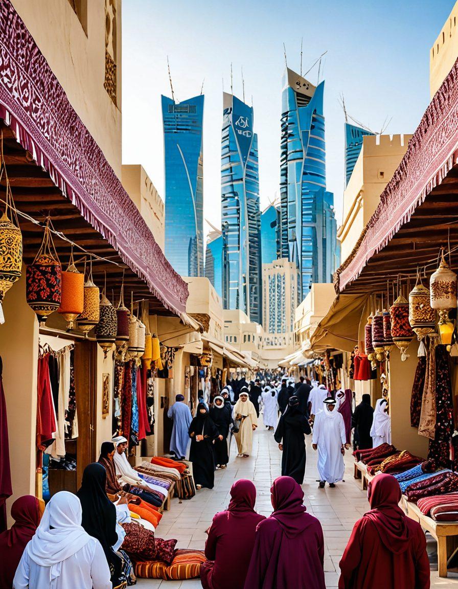 A vibrant scene depicting traditional Qatari lifestyle elements, including a bustling souq with colorful textiles, spices, and local crafts. In the foreground, a blogger is taking photos, surrounded by friendly locals in traditional attire and the majestic skyline of Doha in the background. The image should convey the richness of culture, travel, and personal connection. Bright, warm tones highlight the lively atmosphere. super-realistic. vibrant colors. 3D.